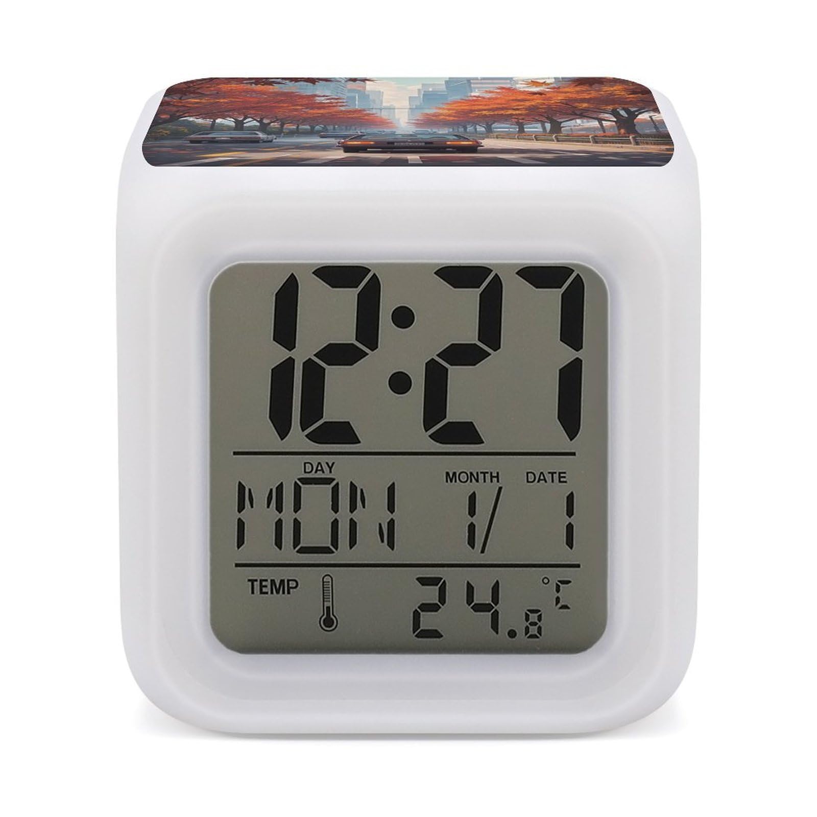 LZQPOEAS Red Maples on The Roadside Alarm Clock Desk Clock with 7 Color Changing Night Light Digital Clocks with Temperature Display Sleep Training and Sound Machine for Heavy Sleeper