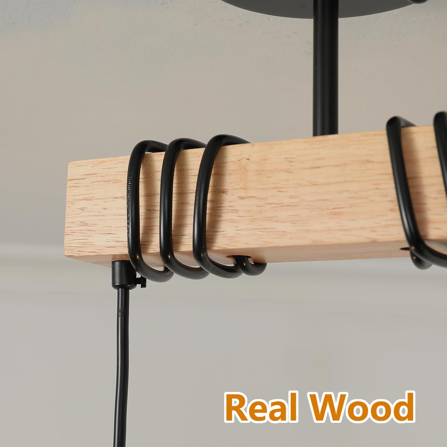 2 Light Farmhouse Ceiling Light,Pendant Light Kitchen Island,Dining Room Chandelier Light Fixture Over Table,Rustic Hanging Light for Kithen,Dining Room,Real Wood,Black Metal Cage