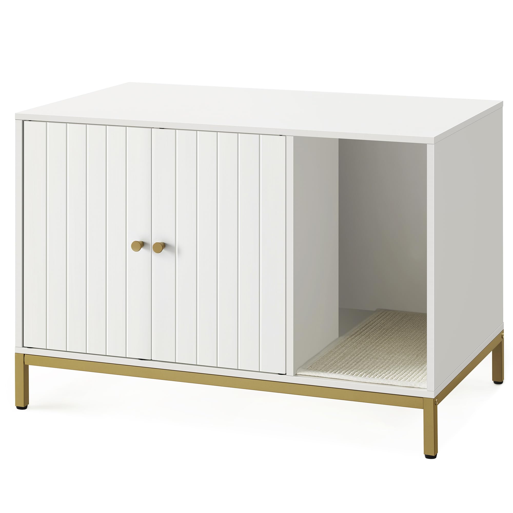 Feandrea Cat Litter Box Enclosure, Hidden Litter Box Furniture with Scratching Mat, Tall Legs, Cat House, Side End Table, 80 x 50 x 55 cm, White and Gold PCL007W01V1 — image 1