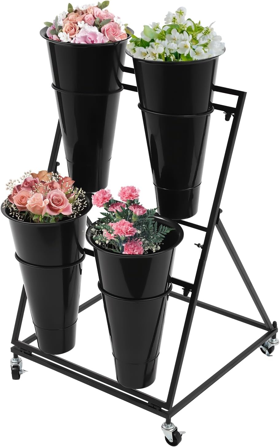 Flower Display Stand with 4-Piece Round Buckets 2 Layers Plant Shelf with Wheels (Black)
