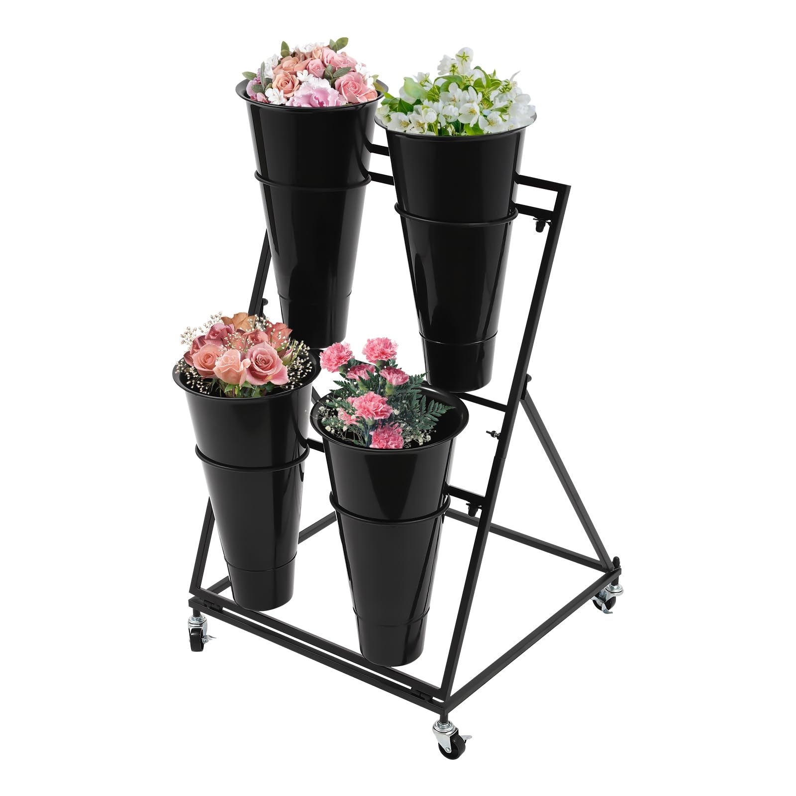 Flower Display Stand with 4-Piece Round Buckets 2 Layers Plant Shelf with Wheels (Black)
