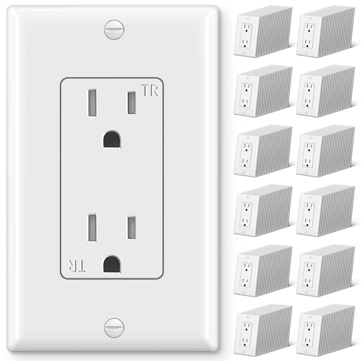 CML 200 Pack Decorator Wall Recetpacle Outlet, Tamper Resistant 15 Amp Standard Electrical Outlets, 15A/125V, 2 Pole 3 Wire, Wallplate Included, UL Listed, White