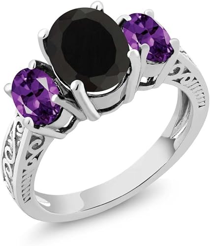 Gem Stone King Anillo de 3 piedras de plata de ley 925 con ónix negro y amatista morada para mujer (2.53 quilates, piedra natal con piedras