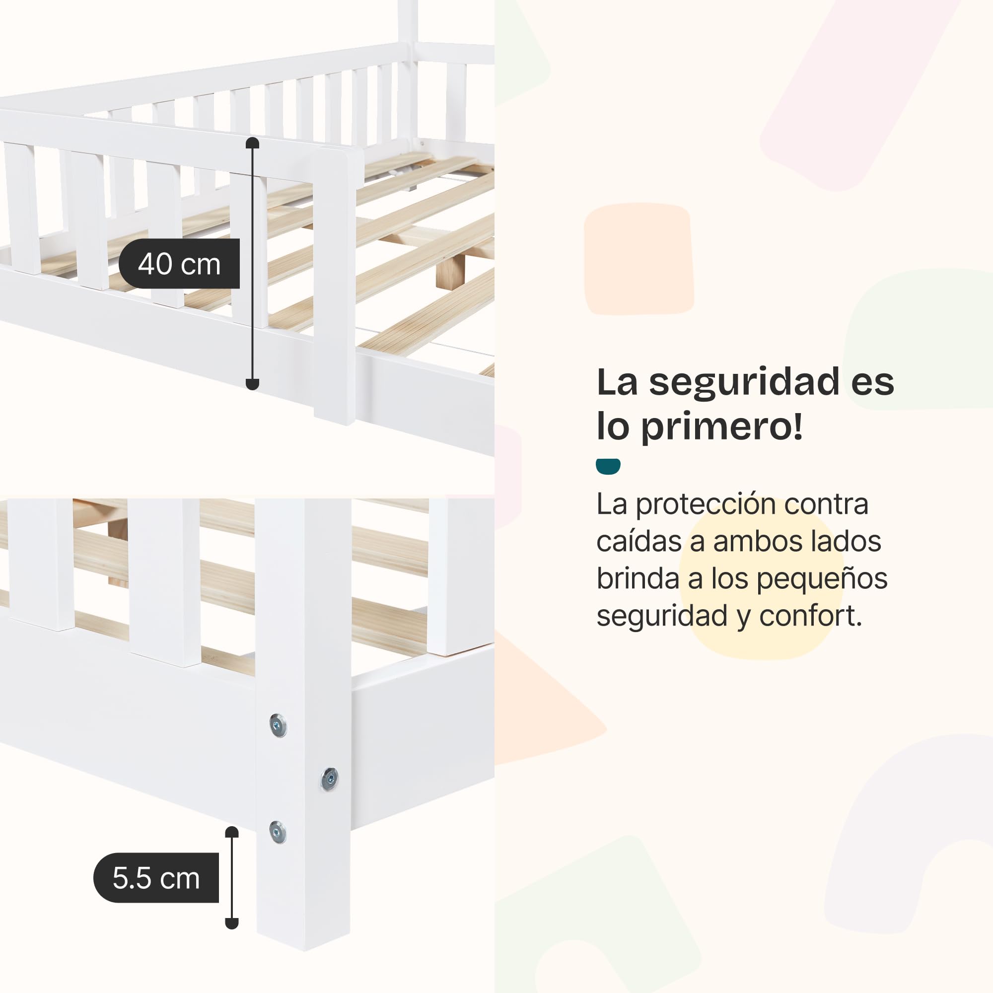[en.casa] Cama para Niños Sisimiut de Madera Pino 120 x 200 cm Cama Infantil con Reja Protectora y Somier Forma de Casa Casita - Blanco