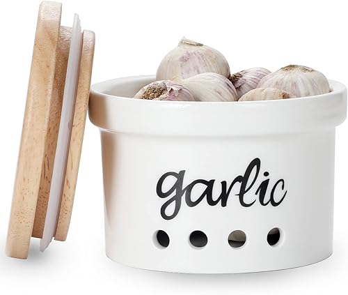 HAOTOP Garlic Keeper con tapa, recipiente de cerámica para encimera, decoración de cocina de granja