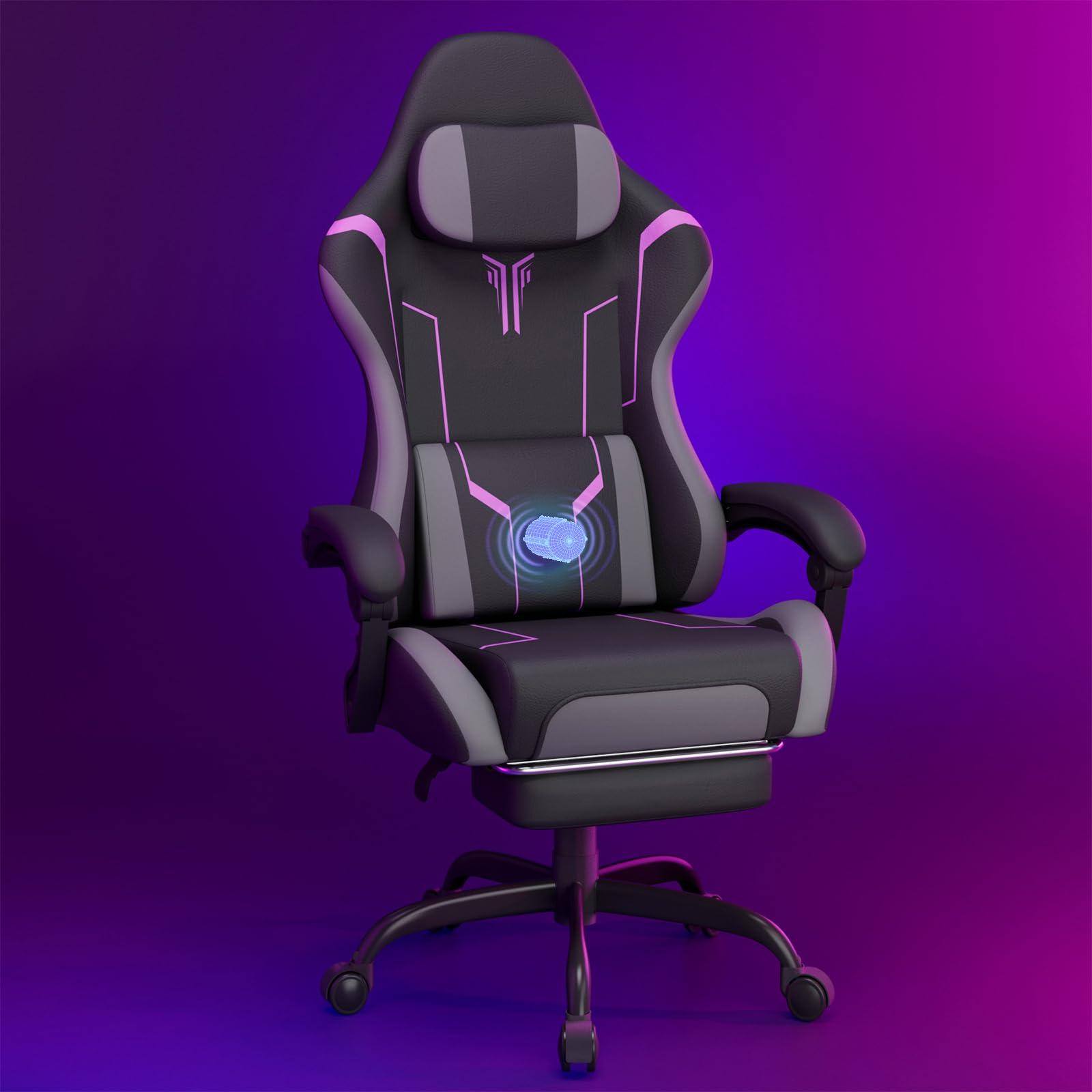 Soontrans Silla Gaming con Masaje Lumbar Silla Gamer con Reposapiés Retráctil y CojÃn Sillas Gaming Respaldos Inclinables hasta 135 Grados Capacidad de Carga de 150 kg (Grey-púrpura)