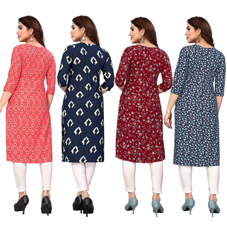 Image of JAKHANA Women's Crepe Printed Casual Straight Calf Length Round Nick Kurta Pack of 4