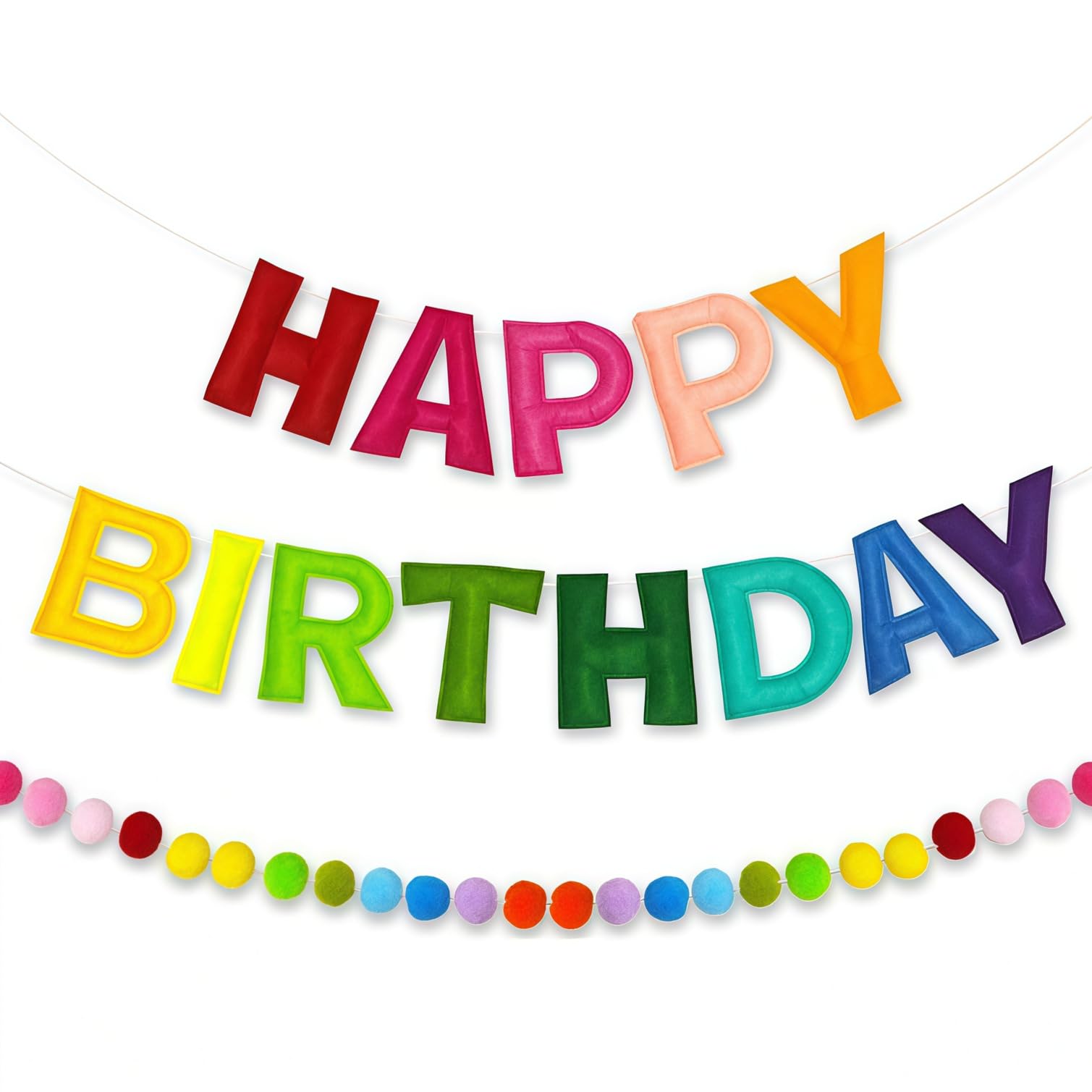SHIFANQI Happy Birthday Banner, Pre-Strung Felt Birthday Banner with Ball Garland, Reusable Rainbow Birthday Party Decorations for Girls Boys Women Men