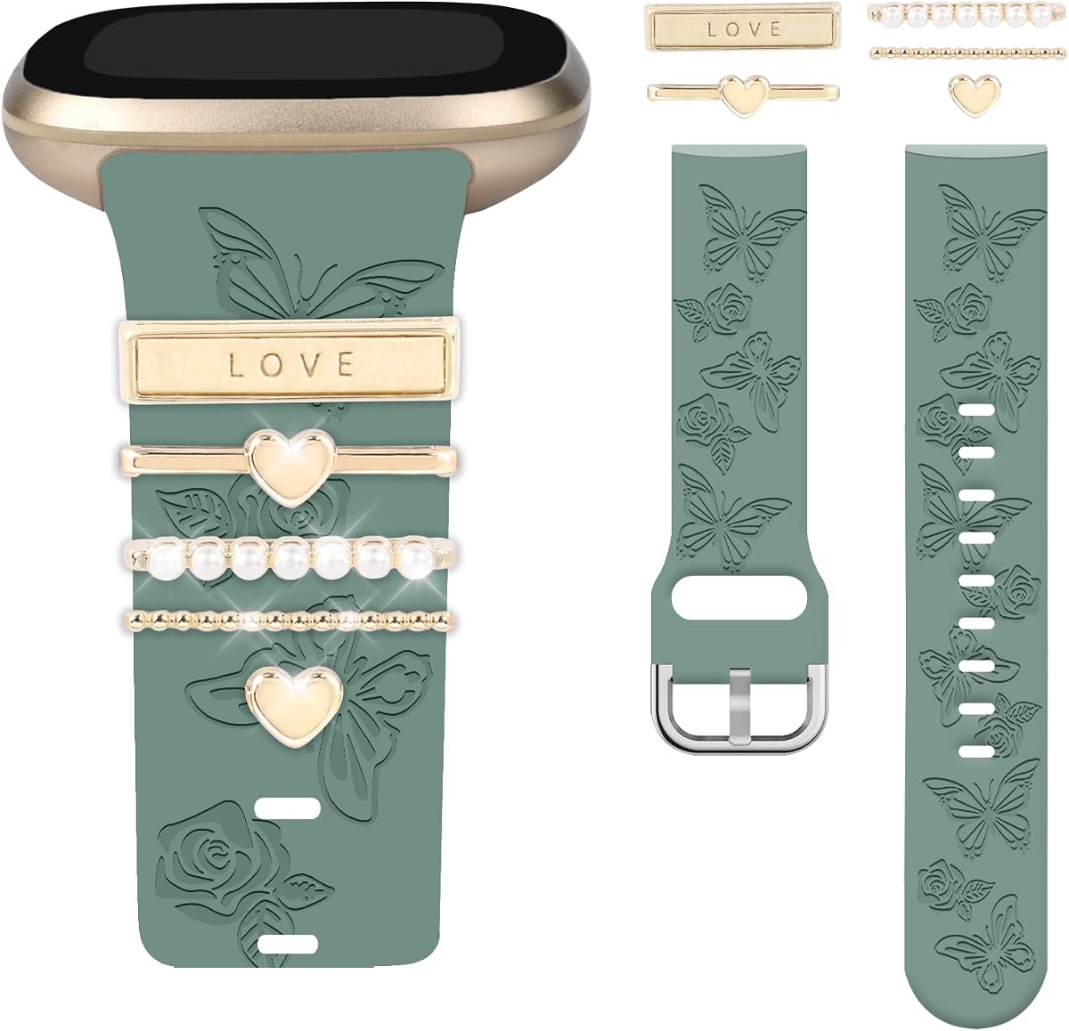 Floral Engraved Band and Decorative Rings Loops Compatible with Fitbit Sense/Sense 2/Versa 3/Versa 4 Bands Women,Silicone Replacement Band for Fitbit Sense/Sense 2/ Versa 4/ Versa 3 Smartwatch