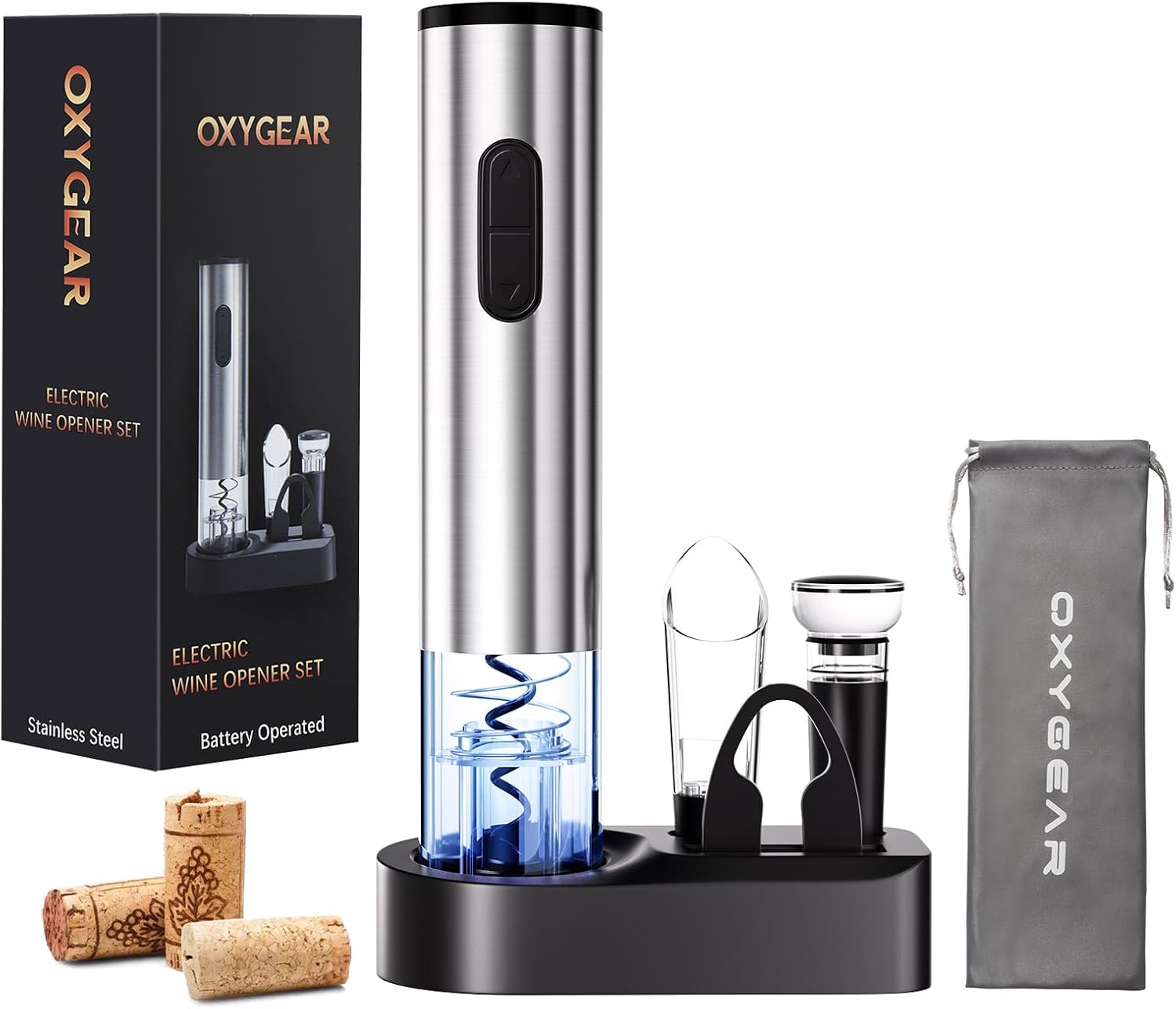 Electric Wine Opener, 6-In-1 Set with Base, Battery Operated Wine Bottle Opener, Foil Cutter, Aerator, Vacuum Stopper and Carry Bag, Ideal Wine Accessories for Home Bar and Patries, Stainless Steel Electric Wine Opener, 6-In-1 Set with Base, Battery Operated Wine Bottle Opener, Foil Cutter, Aerator, Vacuum Stopper and Carry Bag, Ideal Wine Accessories for Home Bar and Patries, Stainless Steel