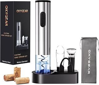 6-in-1 Electric Wine Opener, Battery Operated Automatic Wine Opener with Foil Cutter, Aerator, Vacuum Stopper & Base, One-Touch Operation, Stainless Steel, Sliver, Perfect for Home Bar, Gifts, Outdoor