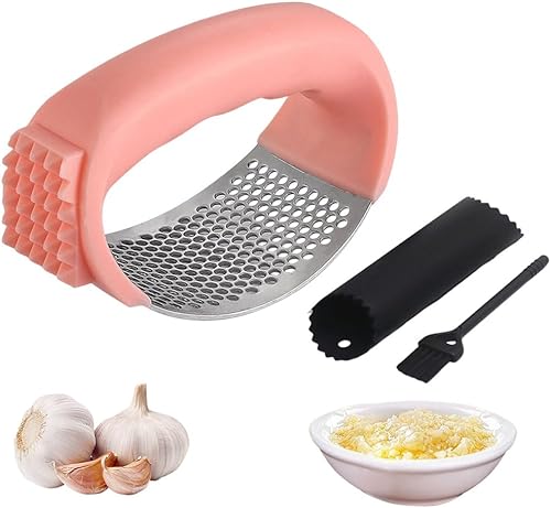Miniatura 8 de Balancín de prensa de ajo, prensa de ajo de acero inoxidable 2025, trituradora de ajo con pelador y cepillo de limpieza, picadora de ajo para