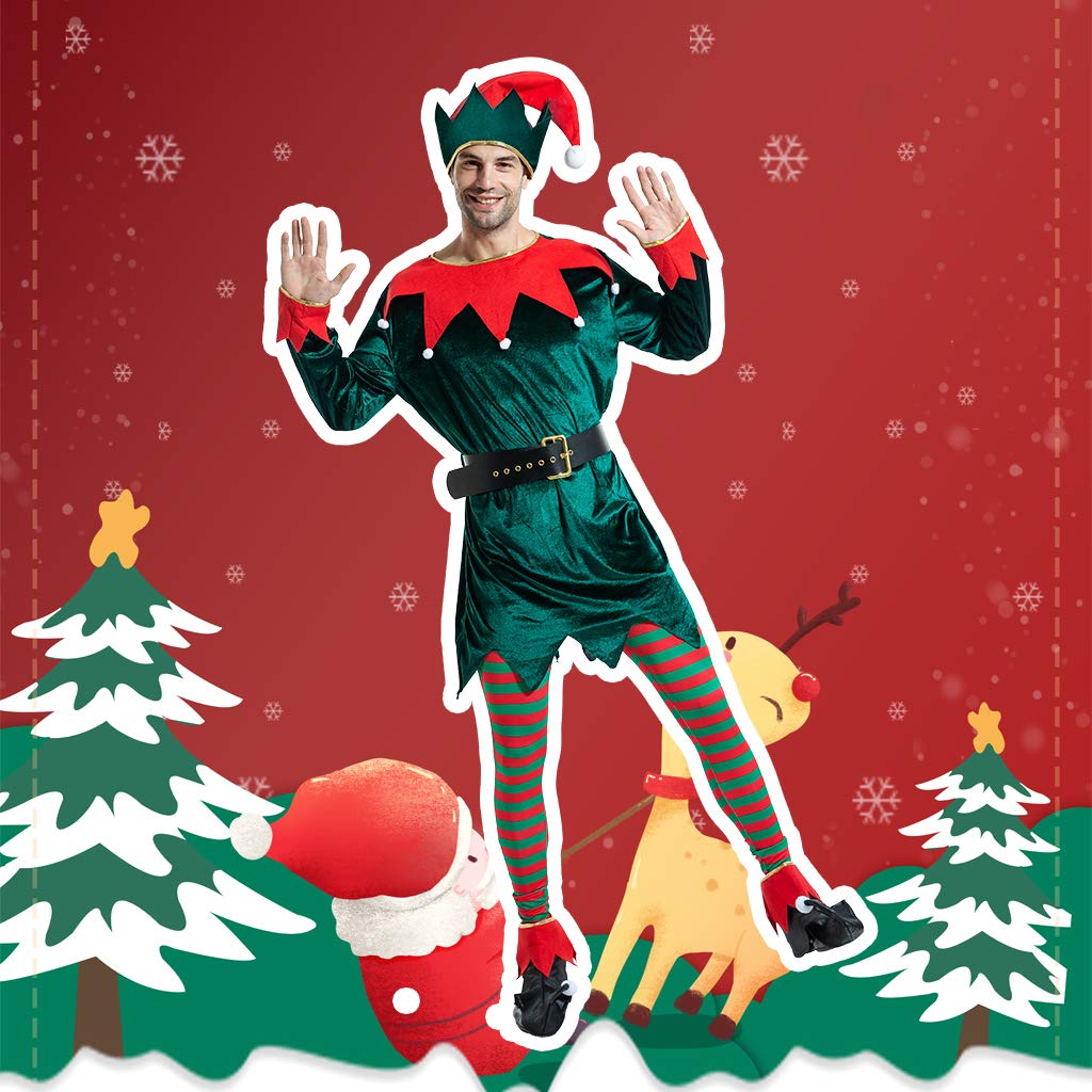 AERO ARMOR Christmas Elf Costume Men Fancy Halloween Costume Adult Holiday Elf Outfit Suit
