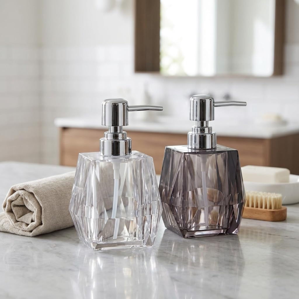 Deconox 1 Adet Akrilik Sıvı Sabunluk Seti (200 ml) - 2 Farklı Renkli Kırılmaz Şeffaf Banyo ve Mutfak Düzenleyici Şık Losyon ve Sabun Pompası Organizer (Asorti)