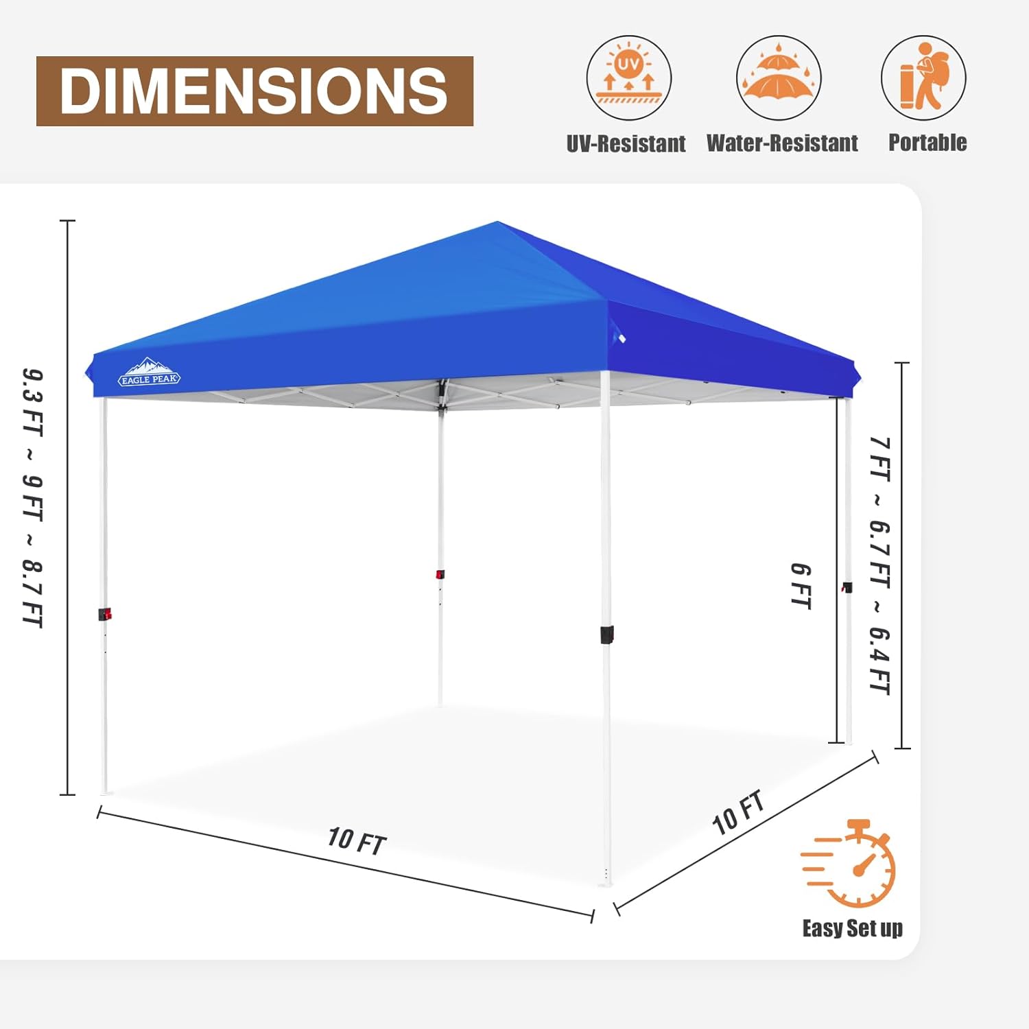 EAGLE PEAK 10x10 Outdoor Pop up Canopy, Instant Outdoor Canopy Tent, Straight Leg Sun Shelter with Wheeled Carry Bag, 100 Square Feet of Shade, Blue
