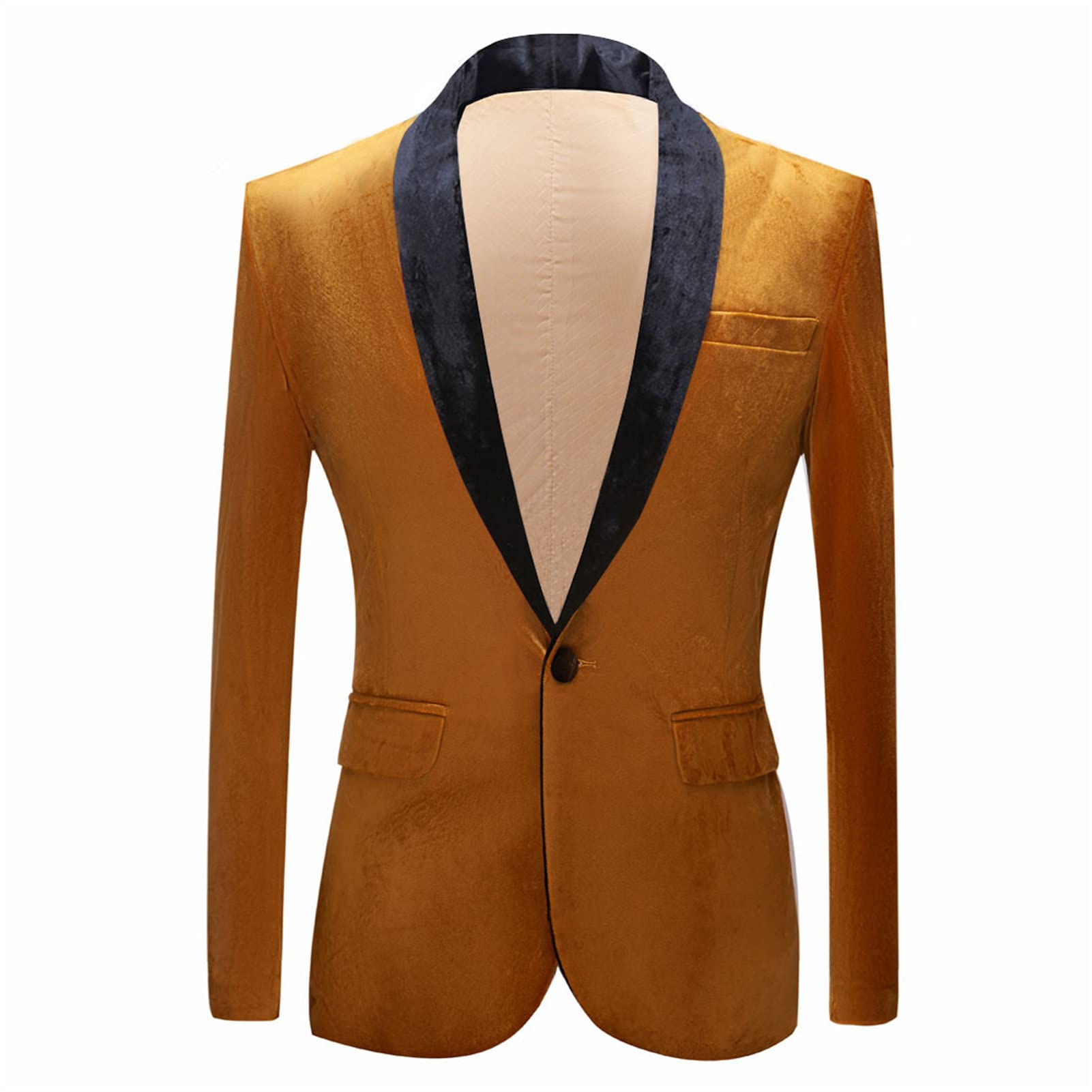 Men's Premium Velvet Blazer Jacket Slim Fit Solid Shawl Lapel Tuxedo Suit One Button Dinner Party Prom Sport Coat (Golden,Medium)