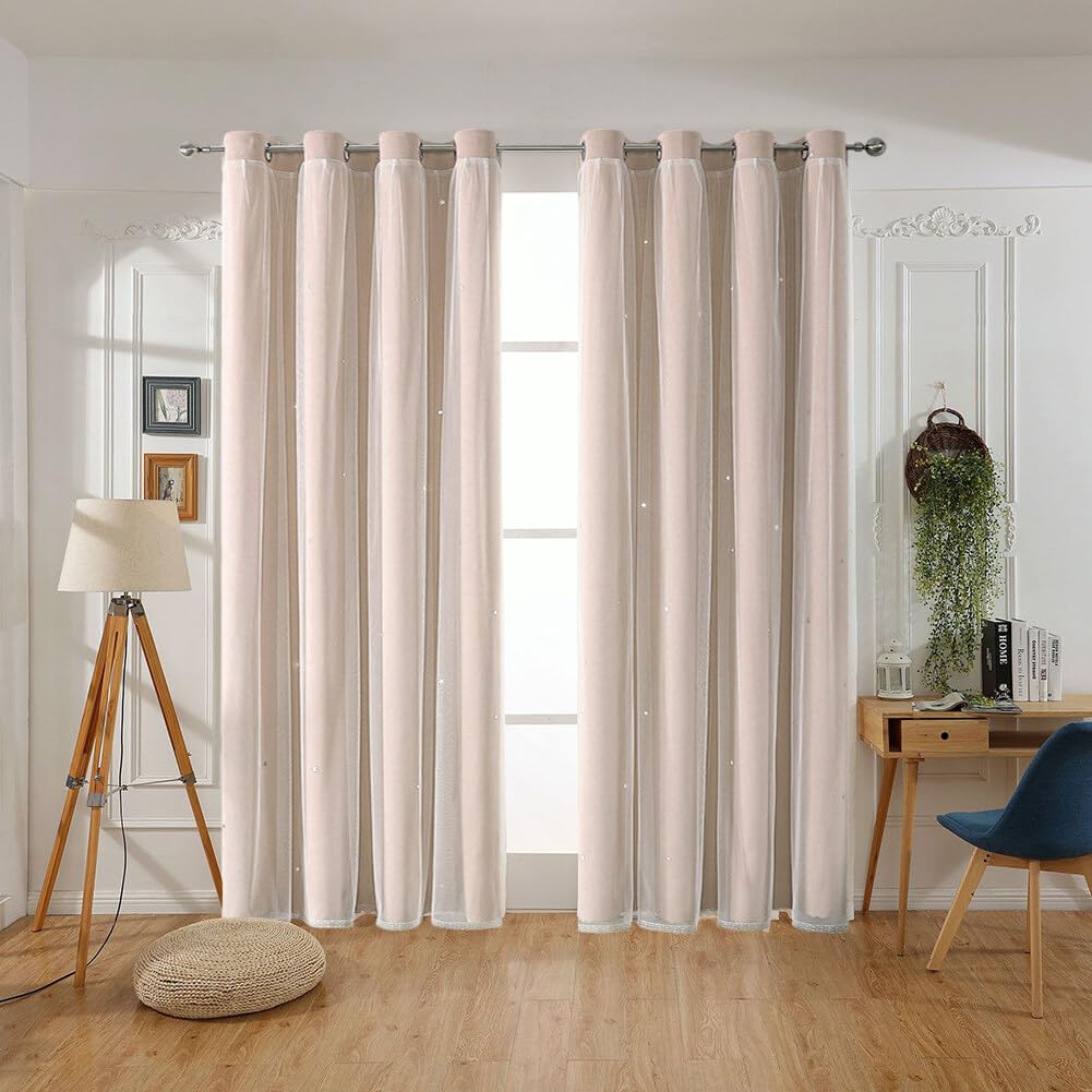 URFEDA Rideau Double Voilage à Dentelle Rideau Occultants Thermiques Rideaux étoilés Semi-translucide Rideaux Beige à Oeillets Voilages Intérieur Fenêtre en Polyester Souple Moderne 132x214cm