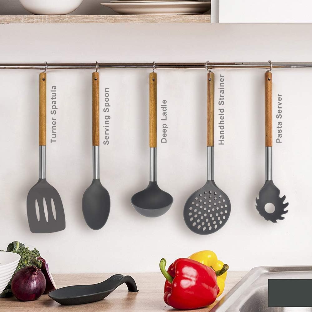 Nylon Kitchen Utensils Set of 5 - Non Stick Cooking Utensils Set โHeat Resistant Kitchen Tools Set Cooking Tool Set with Wooden Handle - Wooden Utensils for Cooking (Gray)