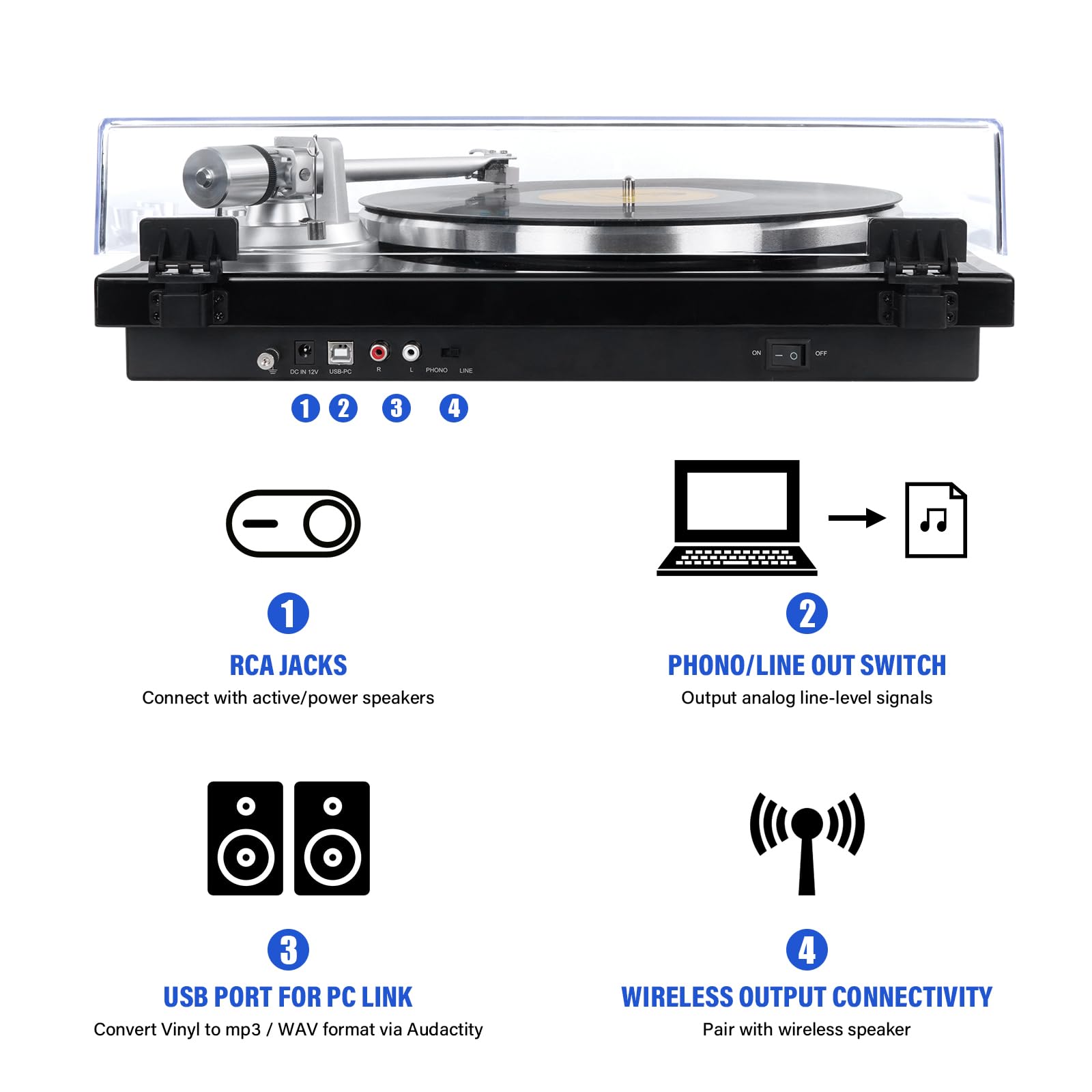 Plattenspieler mit Riemenantrieb und Bluetooth, digitaler USB-Ausgang, magnetische Tonabnehmerkartusche, digitales Vinyl zu MP3, AT-3600L, 33 oder 45 U/min, schwarz