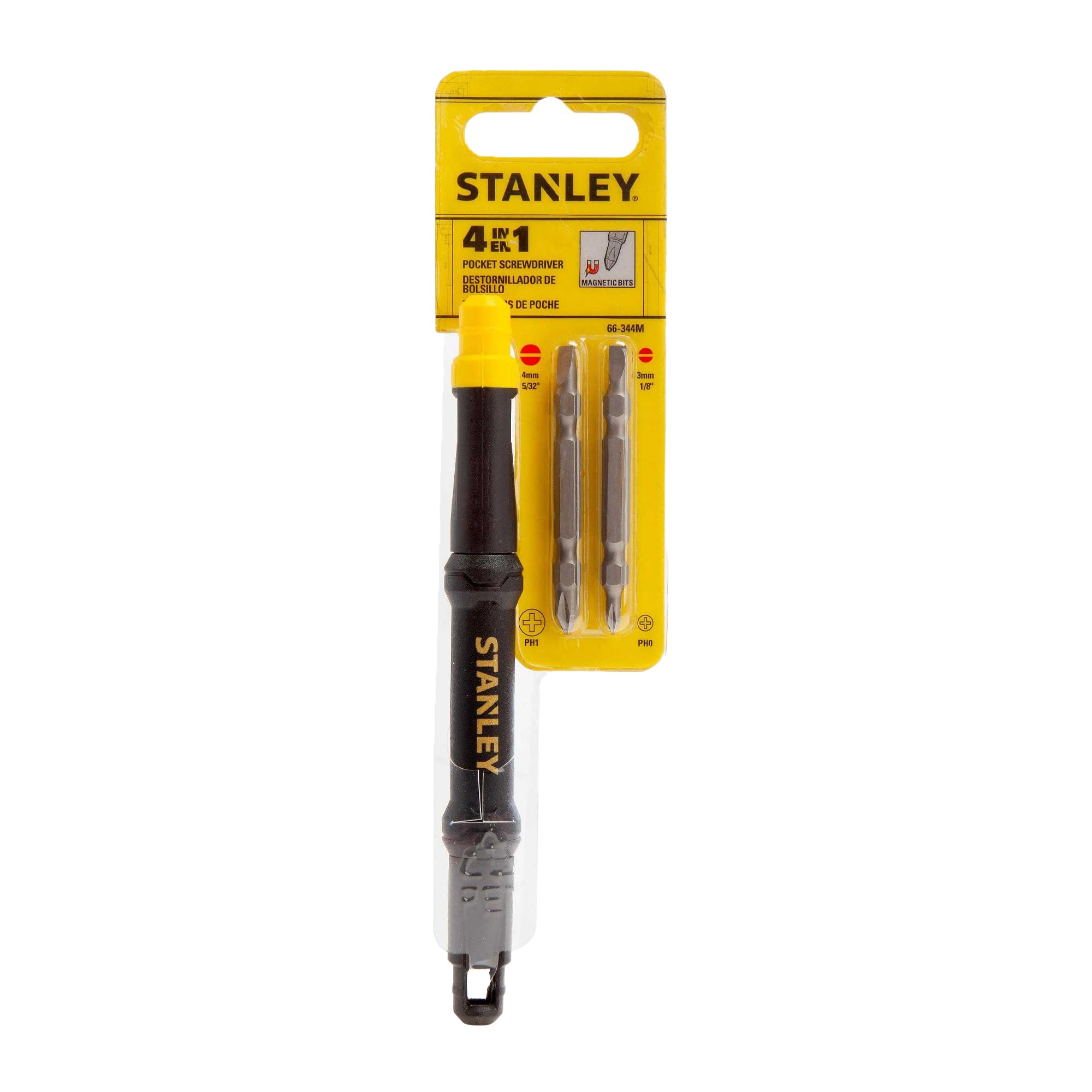 STANLEY 66-344M, Destornillador de bolsillo 4 en 1 con Diseño de Pinza para Lápiz, tipo de punta Phillips, 2 Puntas de Doble Extremo, Agarre Antideslizante, Acero S2