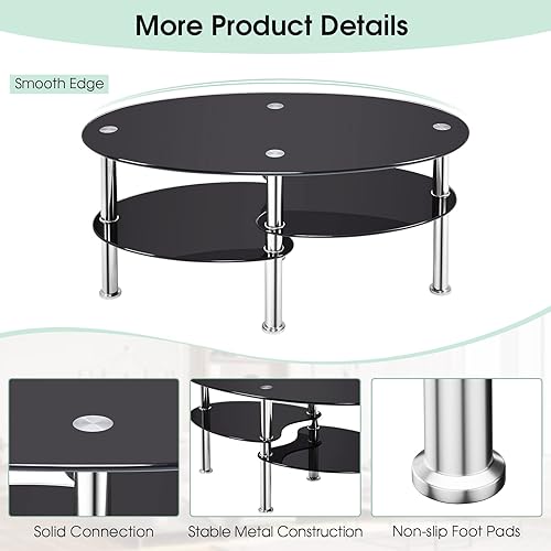 Miniatura 7 de COSTWAY Mesa auxiliar de cristal, mesa auxiliar de sofá de 3 niveles con patas de tubo de metal y estantes abiertos, moderna mesa auxiliar ovalada