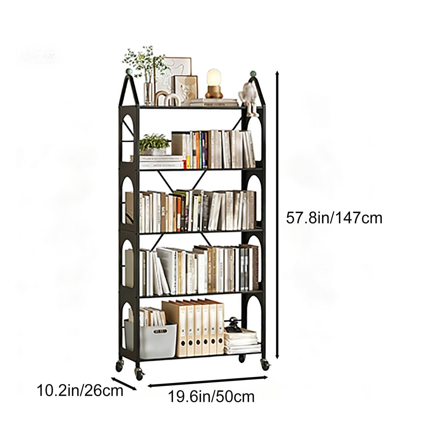 Étagère À roulettes 5 Niveaux en Acier, Rayonnage Freestanding Étroit Heavy Duty pour Cuisine Bureau Chambre Garage(Black,19.6in/50cm)