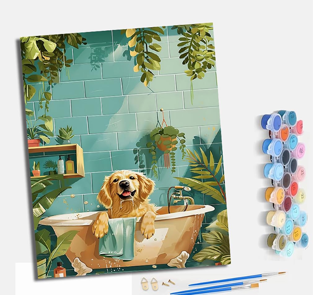 Mlnmeng Golden Paint By Numbers Paint By Numbers For Adults Beginners Adults Paint By Numbers With Paint Brushes Diy Painting For Home Decoration Without Frame Retriever Taking A Bath In The Bathtub