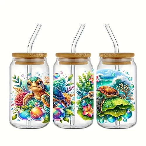 4 peças Tartaruga Marinha UV DTF Cup Wraps Inverno UV DTF Transferência Adesivo Impermeável para Cop