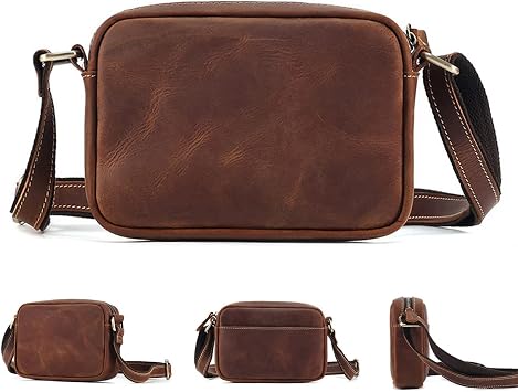 Mens Retro Crossbody Phone Bag, Small Crazy Horse Leather Shoulder Bag, High Capacity Men Handbag Casual Travel Bag, Multifunctional Zipper Messenger Bag Wallet for Phone Under 6.7 Inches Brown