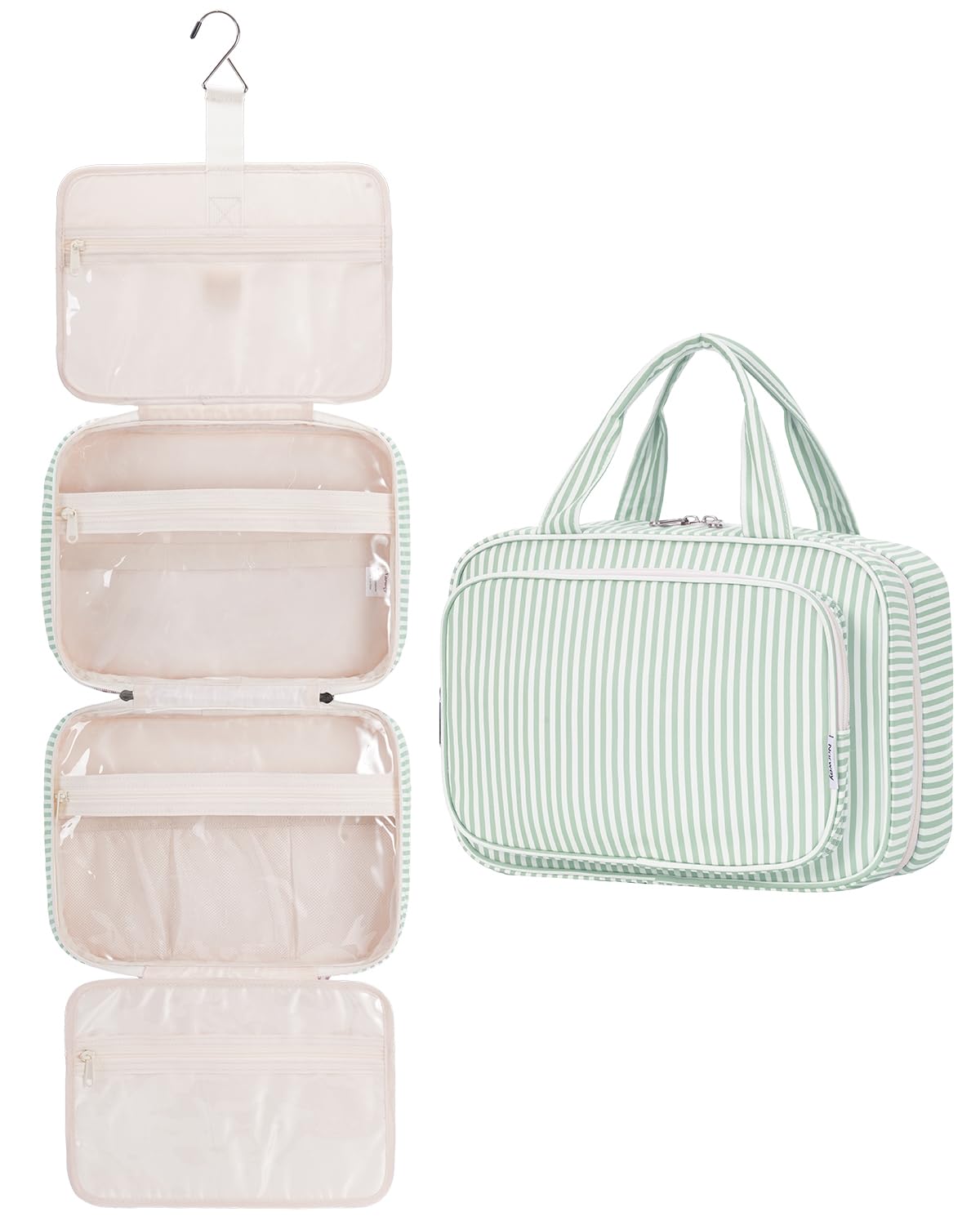 Narwey Large Hanging Travel Toiletry Bag for Women Wash Bag Cosmetics Makeup Bag Organizer for Full Size Accessories (Mint Green Stripe (Large))