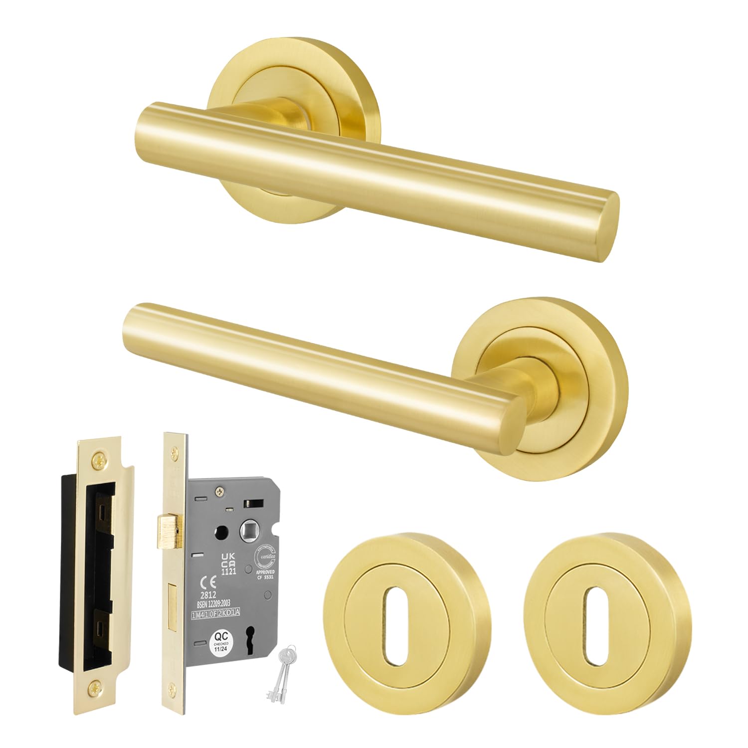 EAI Satin Brass Door Handle Key Lock Set, 1 Pair of Internal T-Bar Lever on Rose Handles and Sash Lock (64mm) - Oliena Range