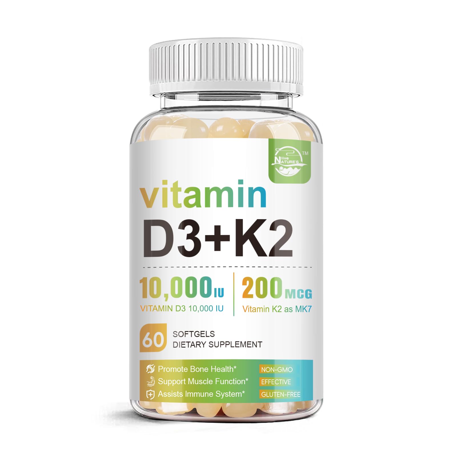 Nature's live Vitamin D3 K2 10000 iu & 200 mcg, 2-in-1 Vitamin Supplement, Support Immune, Heart, Joint, Teeth & Bone Health, Easy to Swallow, Free of GMO, Gluten, Soy, 60 Softgels, 1 Pack