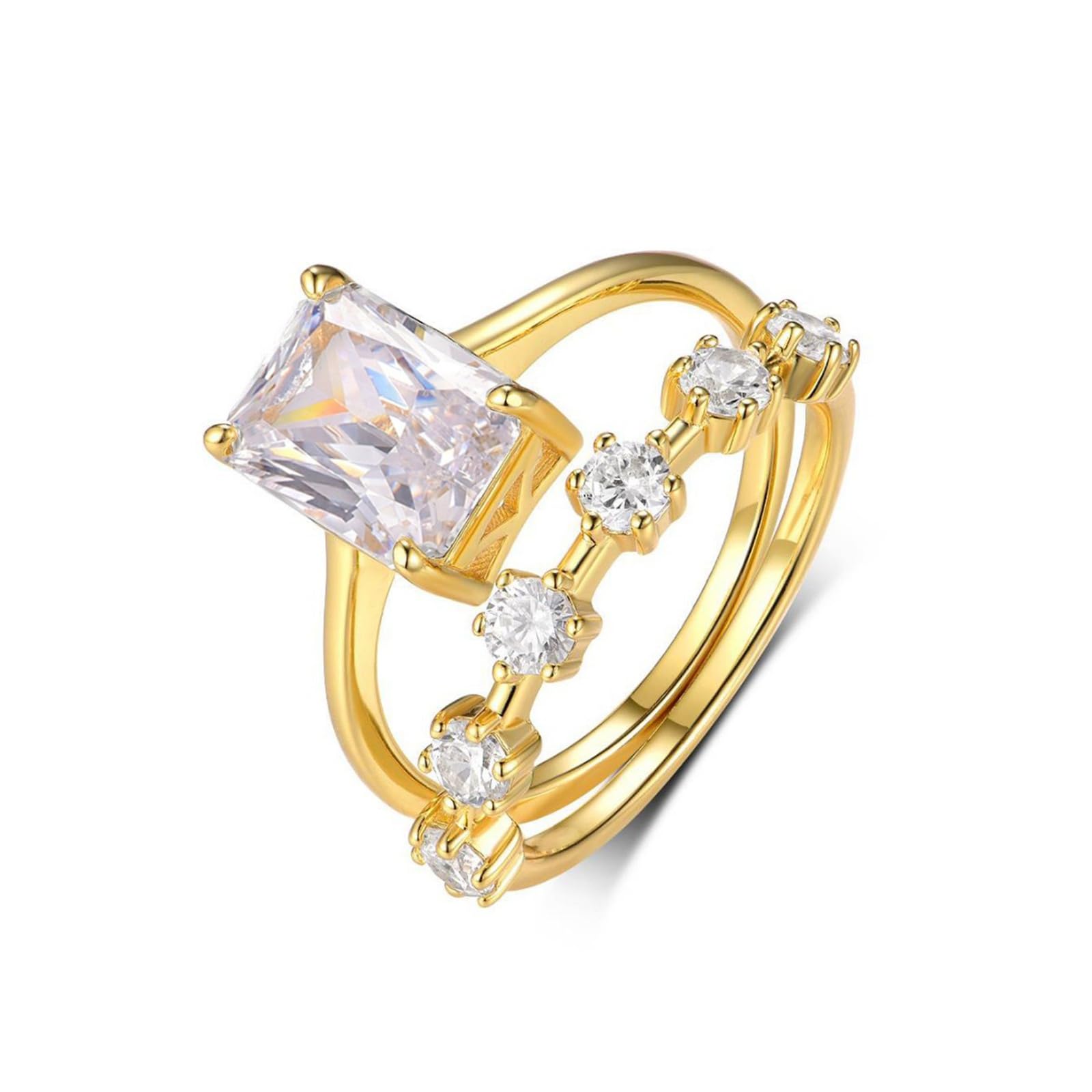Set di fedi nuziali da donna in oro giallo 18 carati, in vero oro, con moissanite rettangolare, impilabile, anello a doppia fascia personalizzato