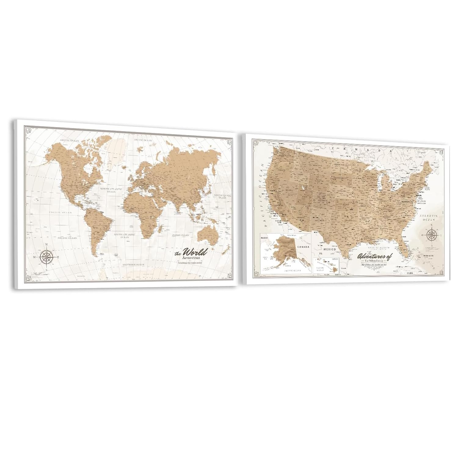 IPIC Vintage World Map Pin Board and USA Map, Set of 2, Size 36x24 in