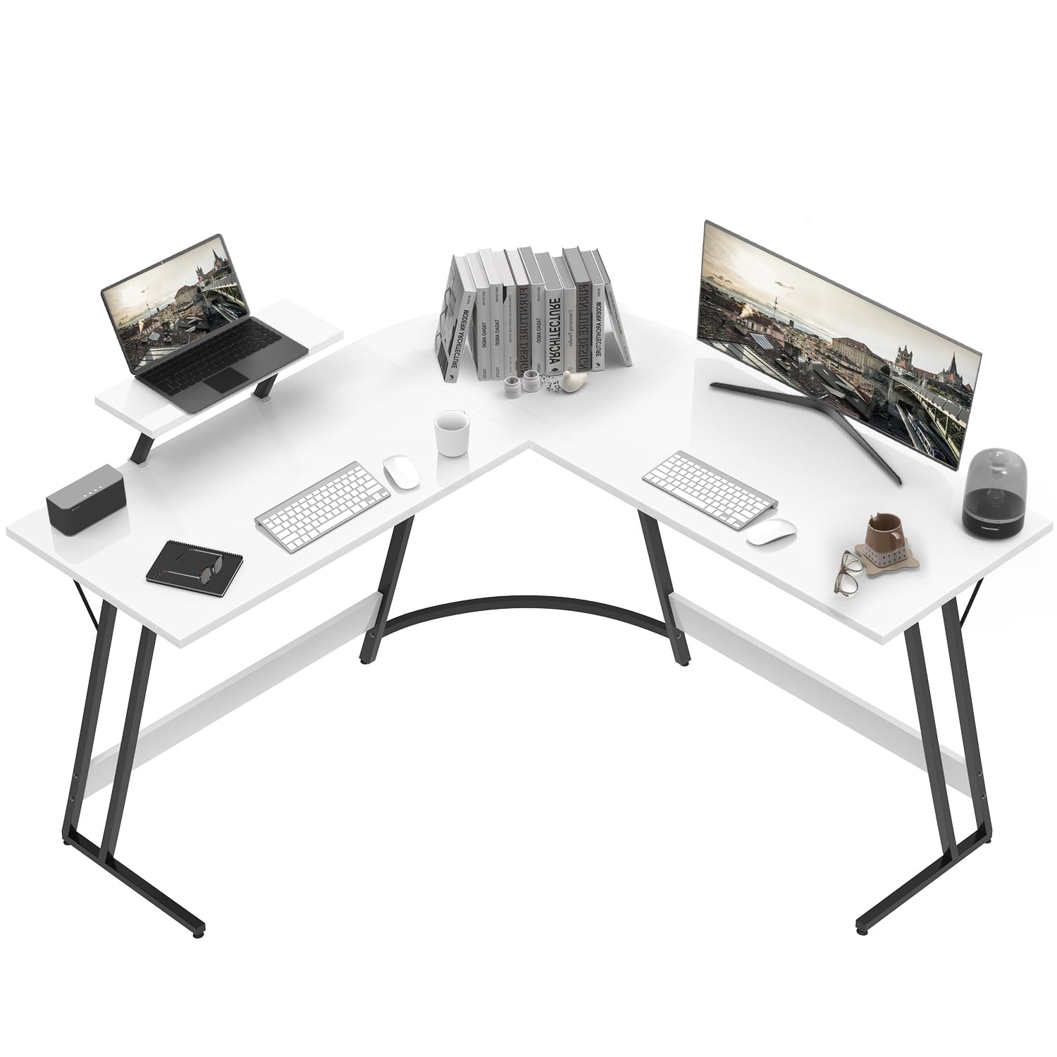 Devoko Escritorio Gaming de Esquina,130 x 130cm,Escritorio Gamer en Forma de L con Soporte de Monitor, Gancho para Auriculares,para Estudio,Oficina,Gaming,Dormitorio(Blanco)