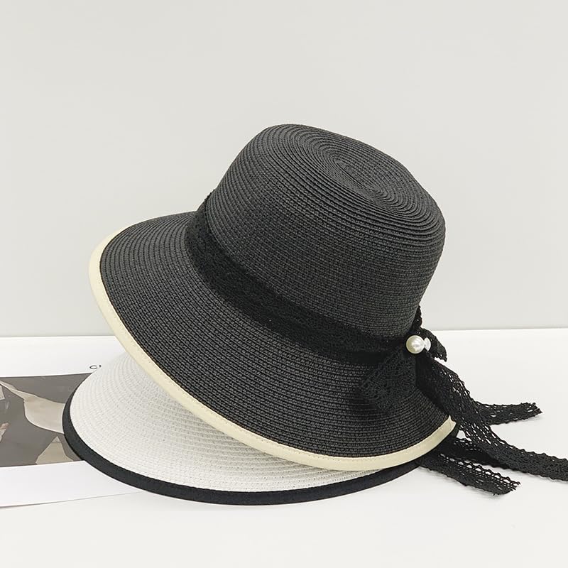 Sombrero de Paja de Verano para Mujer,de ala Ancha,Ligero,con Lazo de Encaje de Perlas,Plegable,Transpirable,para Playa,para Actividades Al Aire Libre
