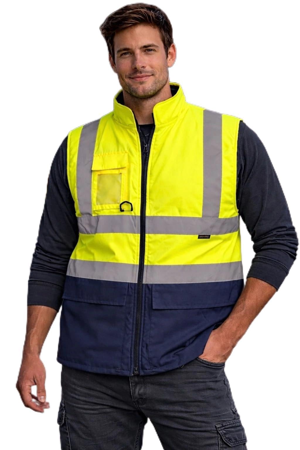 Hi Vis Padded Gilet Waistcoat Fleece Body Warmer Zip Fastening Vest Work Wear Reflective Security Waistcoat Jacket with ID Badge and Mobile Pocket (UK, Alpha, S, Regular, Regular, Yellow Navy)