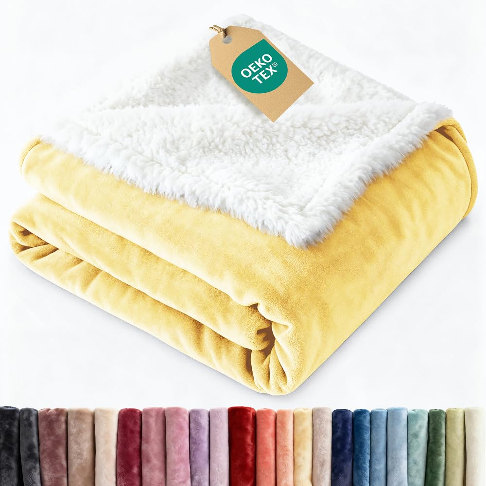 CGK Unlimited Reversible Sherpa Fleece Throw Blanket in Yellow