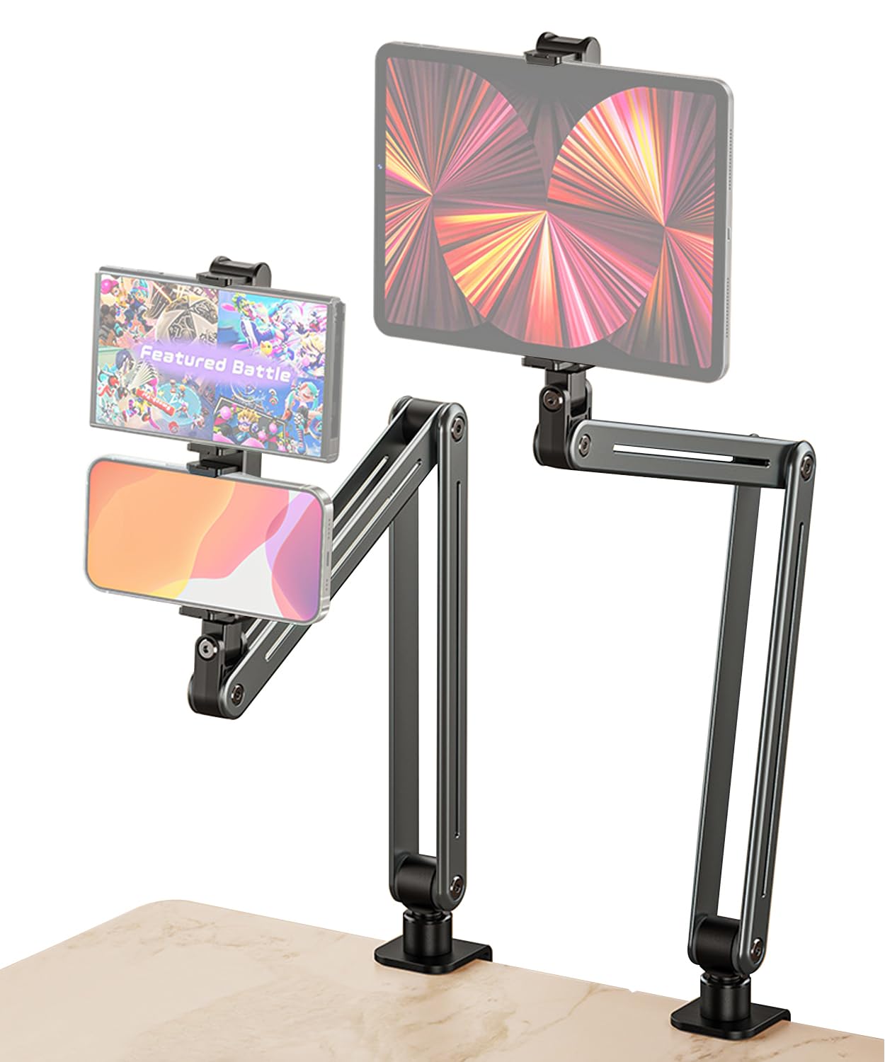 JINSERTA Tablet Holder for Bed or Desk, Overhead Dual Phone Holder, Flexible Arm Clamp Clip Gooseneck Phone Tablet Holder for iPhone/iPad/Kindle/