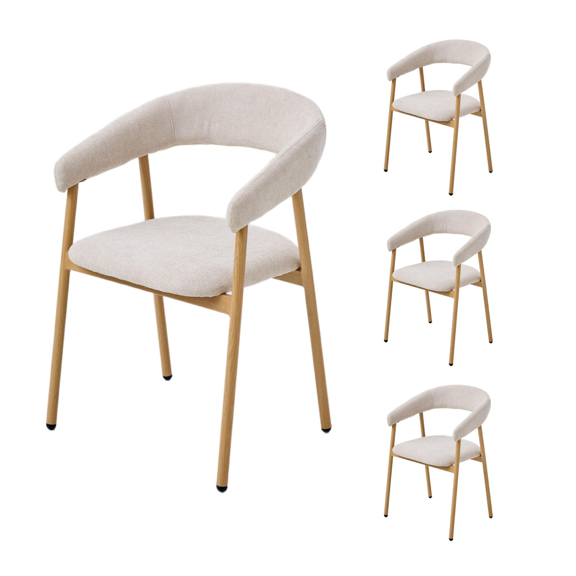 Sedie da pranzo Set di 4 ergonomiche colore beige-rovere | Bracciolo ergonomico e gambe curve in metallo con venature del legno, sedia da soggiorno