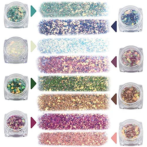 Savita 8 Colors Iridescent Glitter Flakes, 3D Holographic Mermaid Nail Sequins, Bling Chunky Glitter Irregular Paint For Art Craft Festival Cosmetic Body Decoration #TOP3