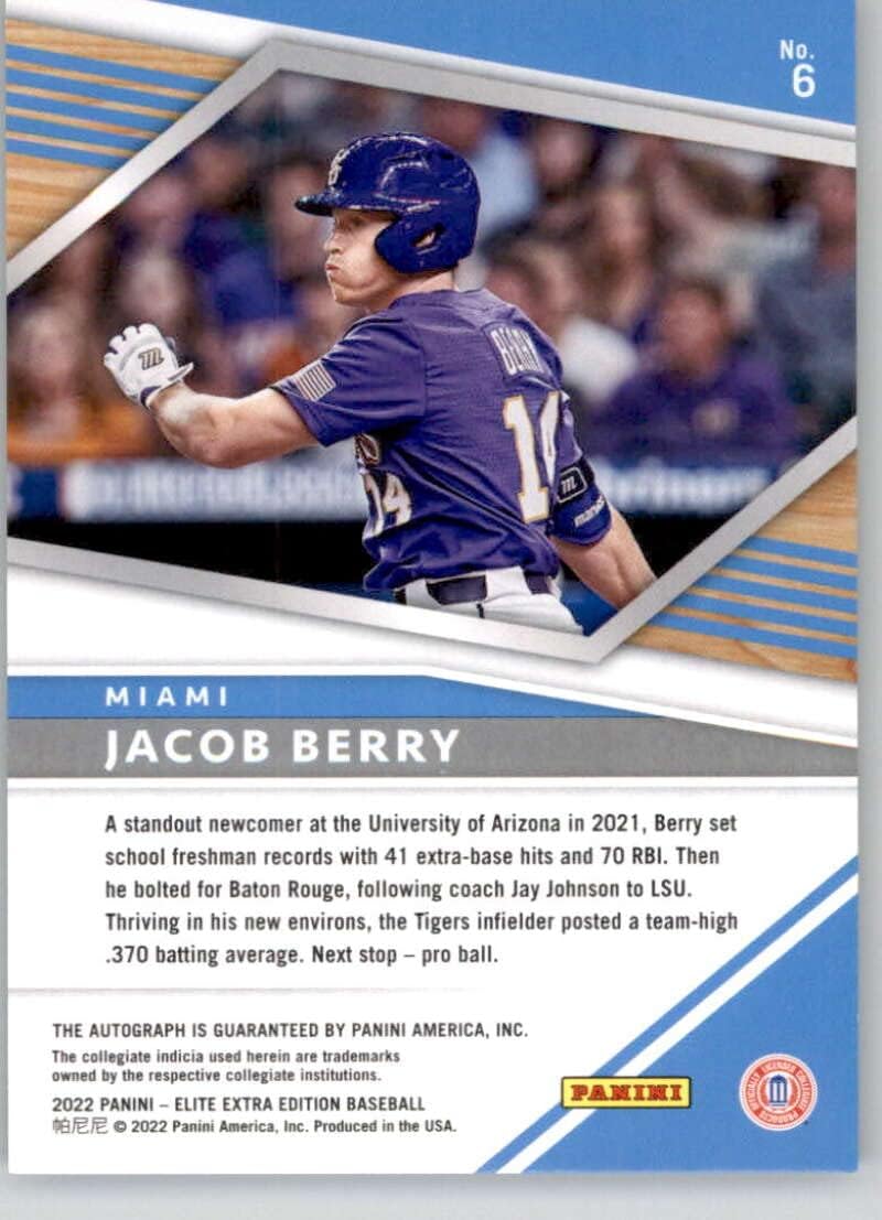 2022 Panini Elite Extra Edition Signatures #6 Jacob Berry Auto Autograph Miami Marlins Official Pre-MLB Prospect/Draft Baseball Card in Raw (NM or Better) Condition