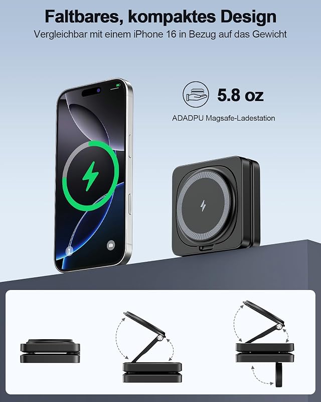 Stație de încărcare wireless inductivă 3 în 1 ADADPU, compatibilă MagSafe, pliabilă, 20 W, pentru iPhone 17-12, Apple Watch 11-2