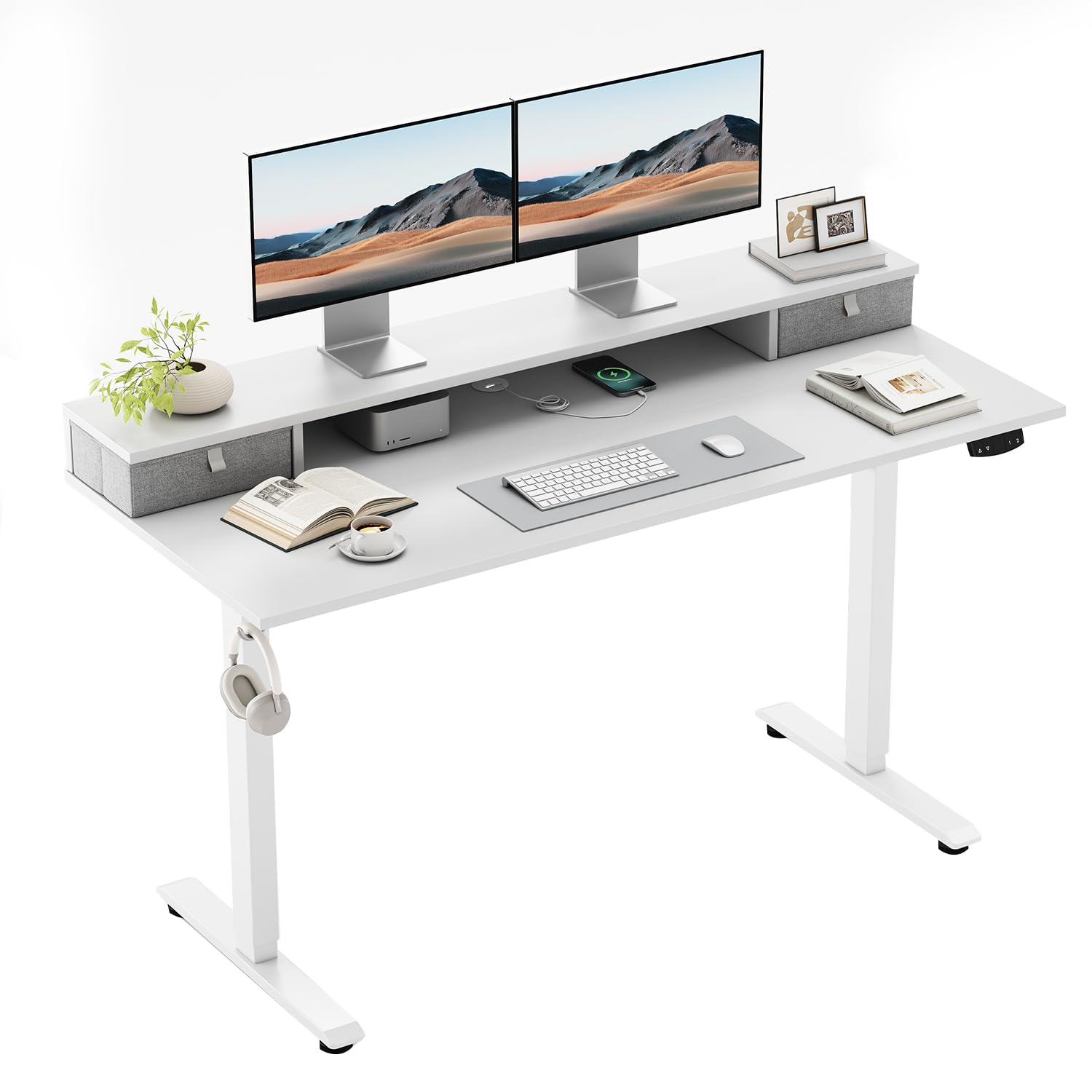 Klicelor Height-Adjustable Desk with Double Drawers, Electric Height-Adjustable Desk, Sit-Stand Computer Desk, Ergonomic Standing Desk, 100 x 60 cm, White