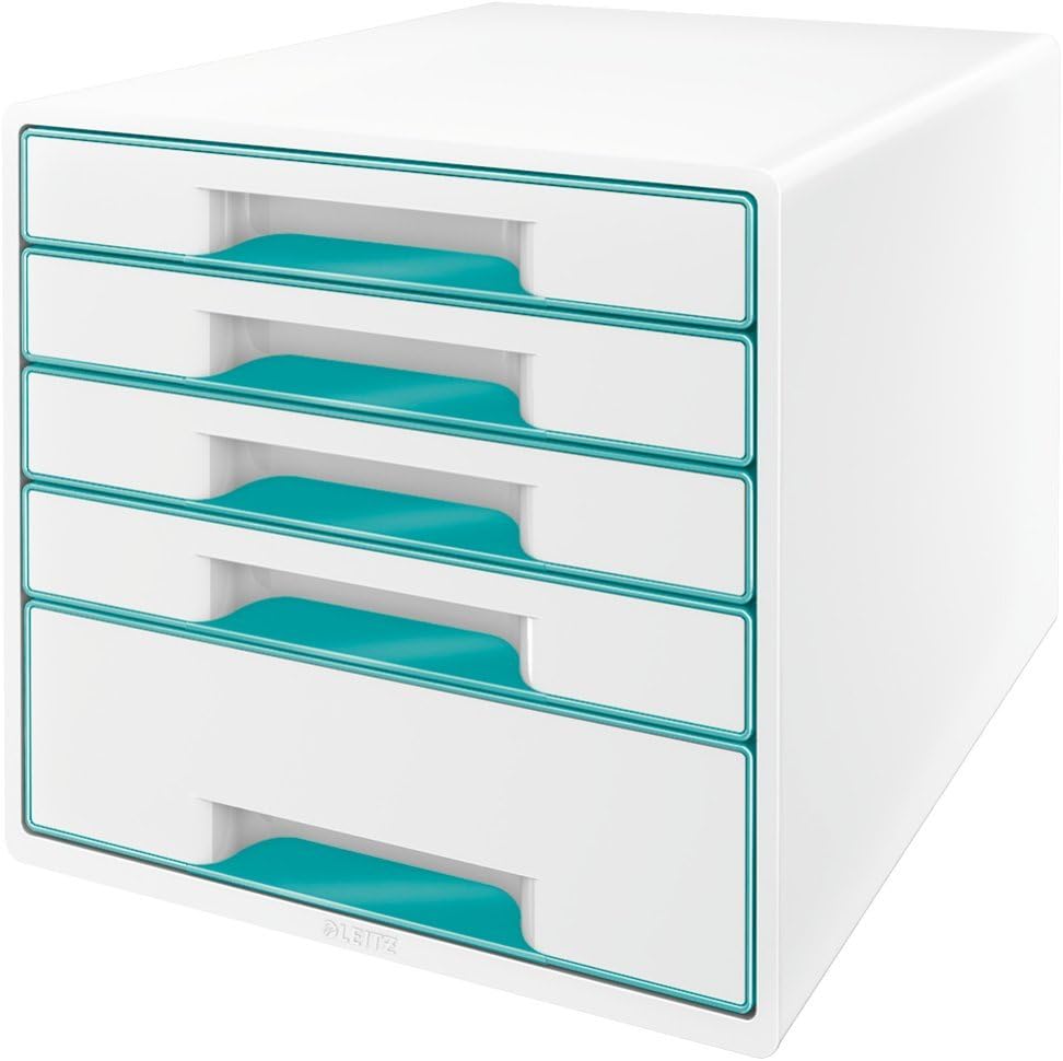 Leitz 5 A4 Drawer Cabinet, Organiser with Transparent Tray, Wow Range, White/Metallic Blue