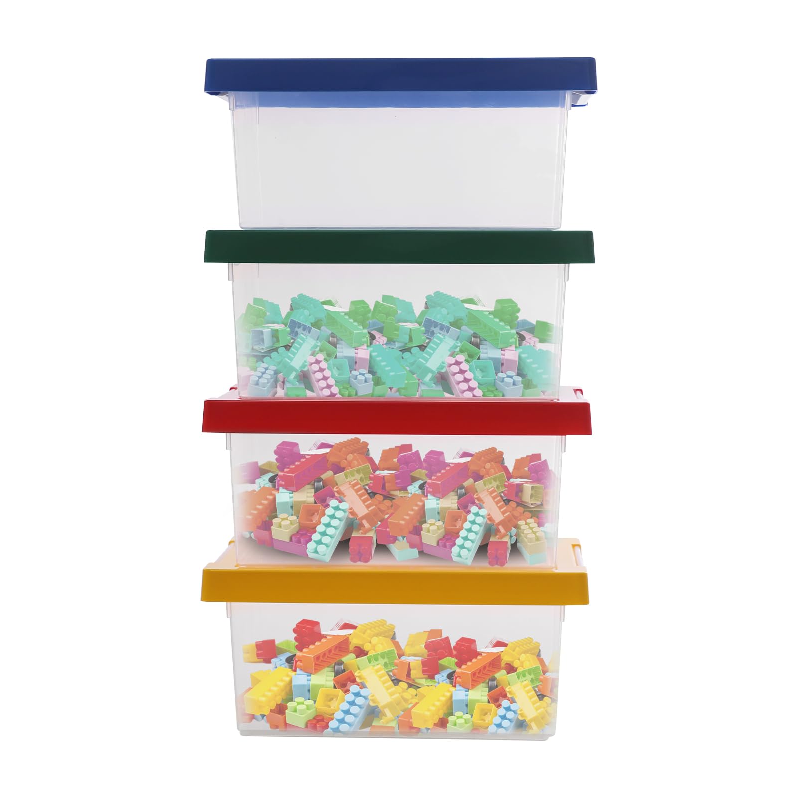 4 pezzi di mattoncini da costruzione con coperchio, impilabile, scatola per giocattoli in plastica, scatole di assortimento per giocattoli
