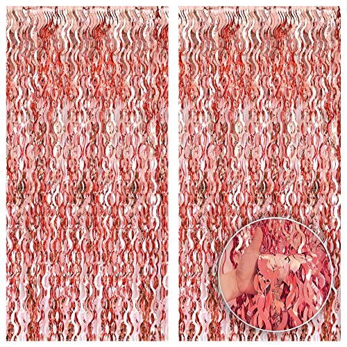 Image of KatchOn XtraLarge Wavy Rose Gold Fringe Backdrop - 3.2x6.5 Feet Pack of 2 | Wine Bachelorette Party Decorations | Birthday Decorations for Women