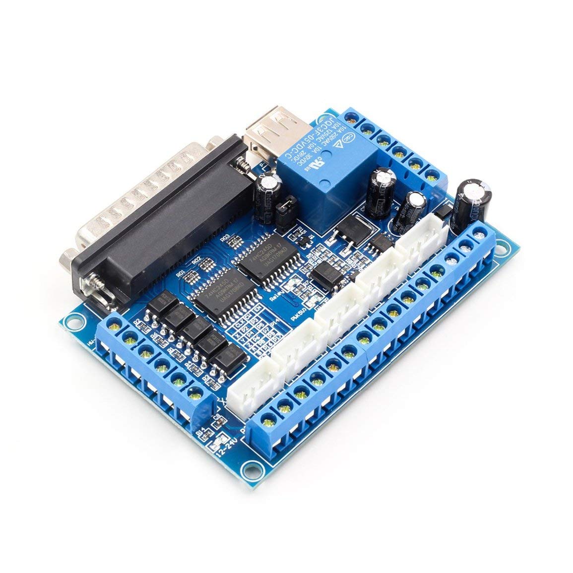 5 Axis Cnc Breakout Board Stepper Motor Driver Mach3 Parallel Port Control Module Controller With Optical Coupler Usb Cable(Blue)