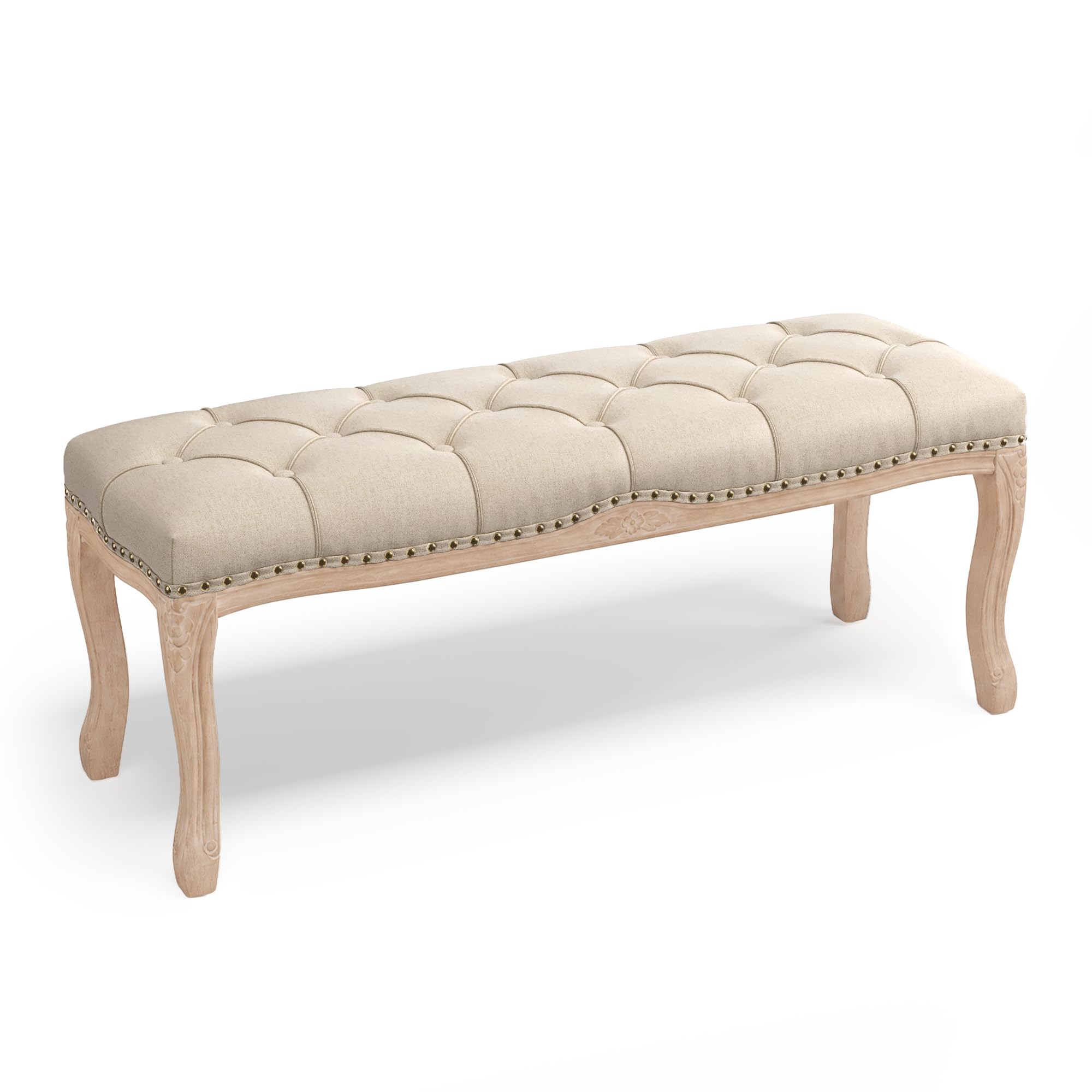 Cozyman Bedroom Bench, French Vintage Tufted Entryway Bench, 45.2' Carving Upholstered End of Bed Bench with Distressed Wood Legs