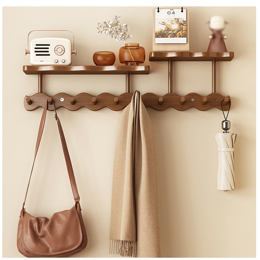Qpkz Brown Solid Wood Coat Rack With Shelf Wall Mount, Wooden Wall Hooks Entryway Hanging Rack Coat Hooks Rail Clothes Towel Racks With Hook For Coat, Bag, Towel 10Hook